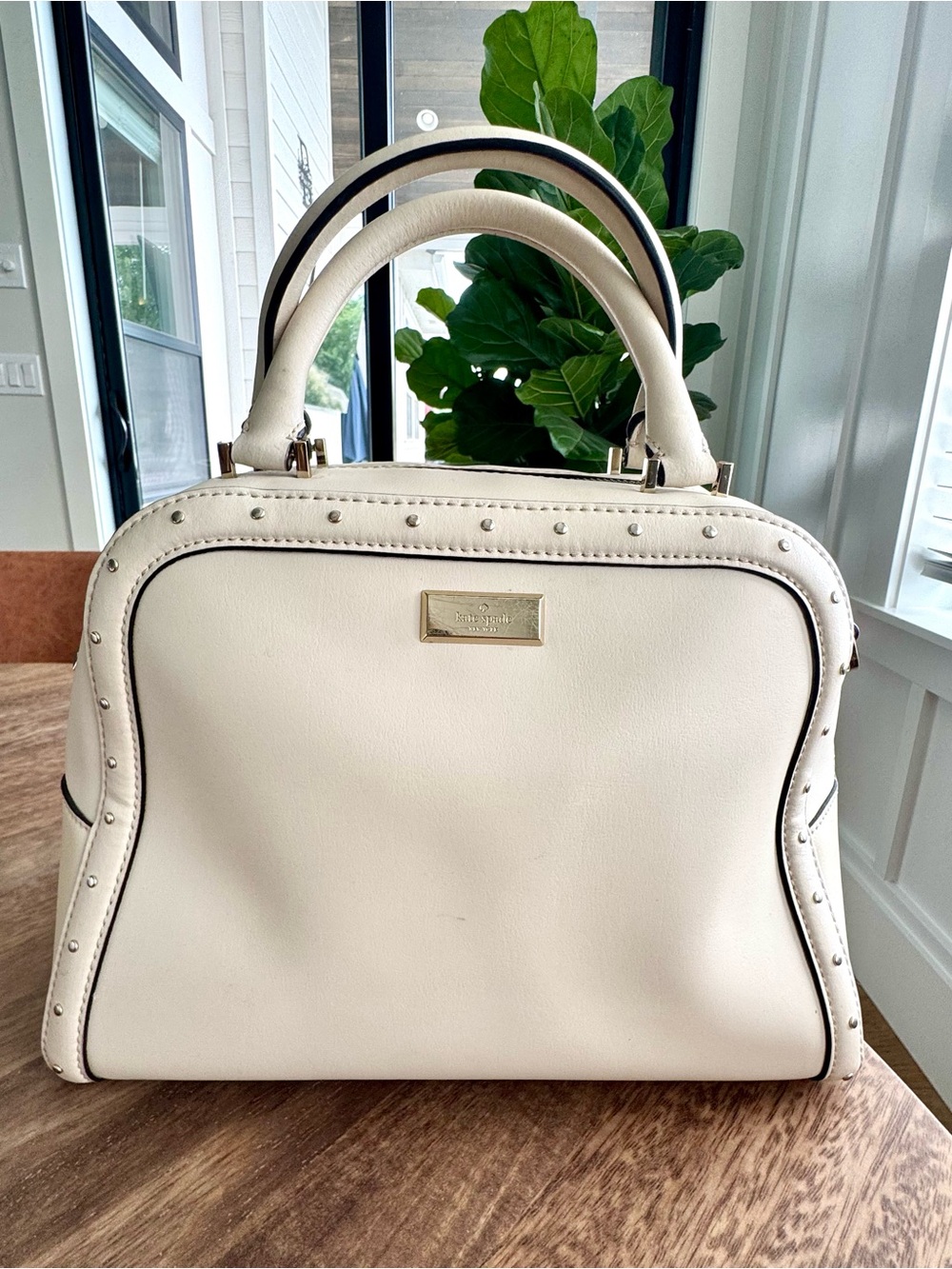 Coach Cream Leather Stud-Trim Satchel with Gold Hardware